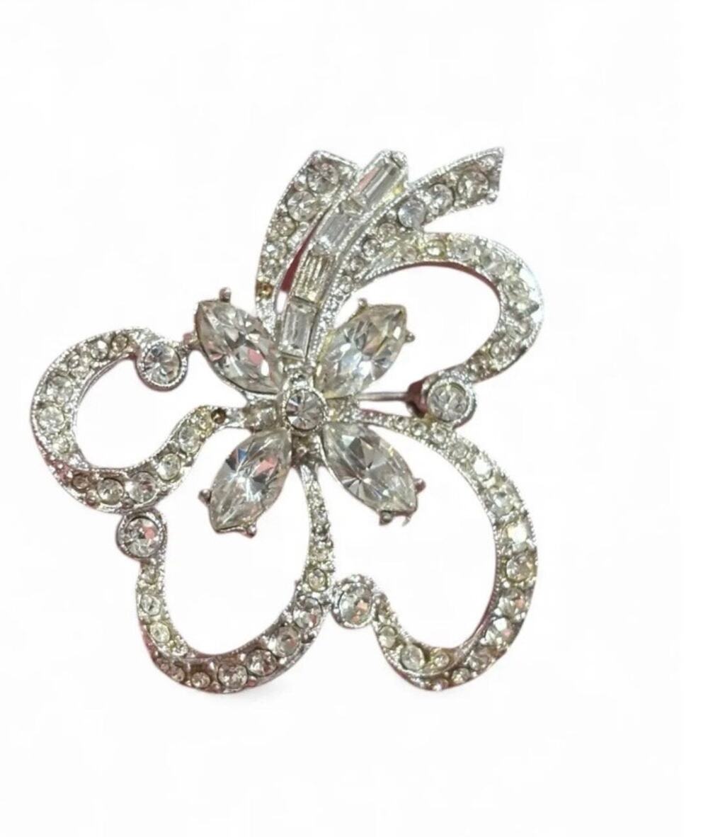 Vintage Rhinestone Floral Scroll Brooch Marquise Baguette Crystal Silver Tone